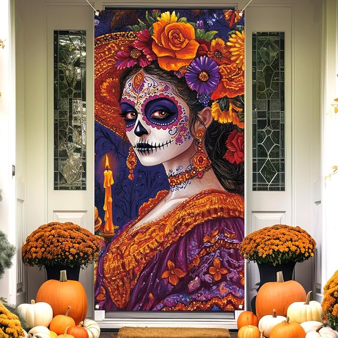 Vohado Dia De Los Muertos Decorations Day of The Dead Door Cover Mexican Sugar Skull Marigold Flowers Party Banner Halloween Wall Decor - sugar skull canvas wall art