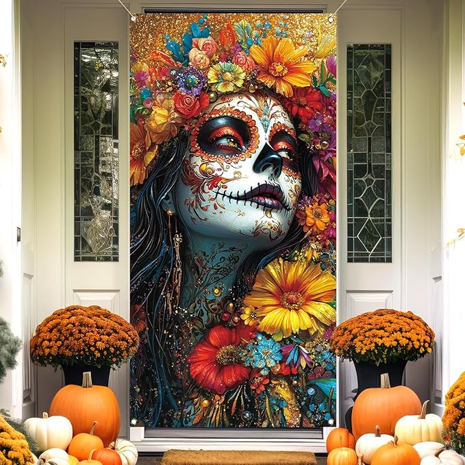 Vohado Dia De Los Muertos Door Banner Mexican Day of The Dead Decorations Halloween Sugar Skull Marigold Flowers Front Porch Decor - sugar skull canvas wall art