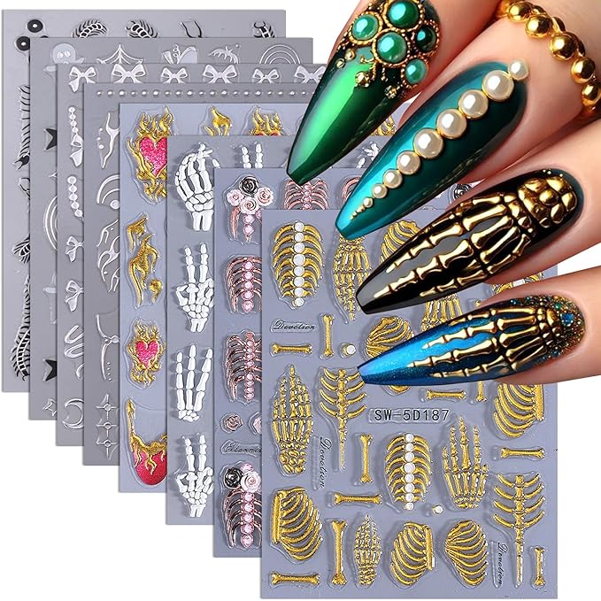 Gothic 5D Stickers for Nails Art 8 PCS Embossed Y2K Skeleton Decals Golden Rose Gold White Bone Skeleton Designs Goth DIY Adhesive Sliders Nail Art Decoration Manicure Accessories for DIY Party - sugar skull nail art