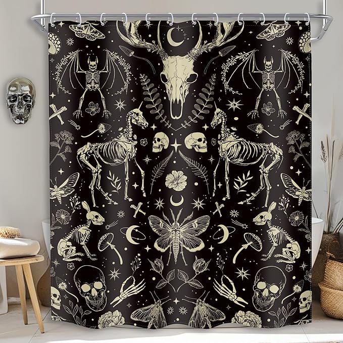 MESHELLY Black Skull Shower Curtain 60Wx72H Gothic Goth Skeleton Bone Spooky Mystic Western Bathroom Curtain Vintage Cool Funny Bull Moth Moon Bath Curtain Bathroom Accessories Decor with 12 Hooks - sugar skull shower curtain set