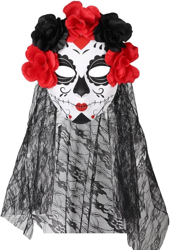 Day of The Dead Sugar Skull Mask with Veil and Rose Flower Crown Mexican Día de Los Muertos Halloween Lace Mask for Masquerade Cosplay Party Costume Accessory - sugar skull flower crown