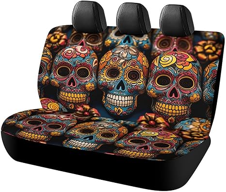 Colorful Sugar Skulls Car Seat Covers Protector Waterproof & Breathable Automotive Seat Covers Non-Slip Auto Backseat Cover Universal Accessories Rear Seats Cover for Cars SUV Truck - sugar skull car seat covers set