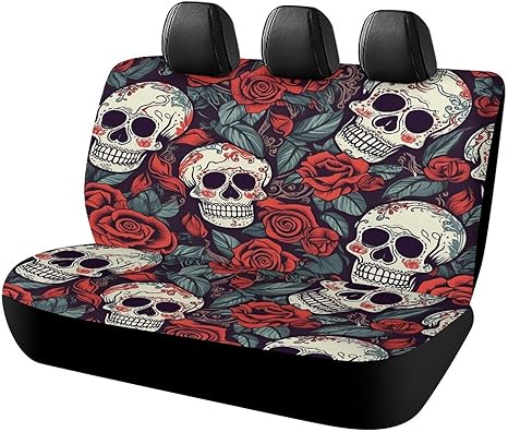 Sugar Skulls and Red Roses Car Seat Covers Protector Waterproof & Breathable Automotive Seat Covers Non-Slip Auto Backseat Cover Universal Accessories Rear Seats Cover for Cars SUV Truck - sugar skull car seat covers set