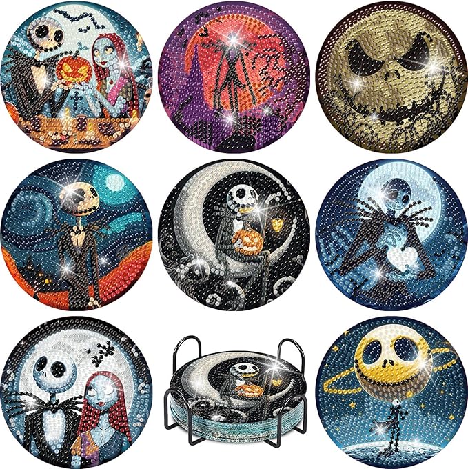 8 Pcs Halloween Diamond Painting Coasters Kits for Adults Beginners, DIY Horror Skull Diamond Art Coasters with Holder, Full Drill Rhinestone Painting Coaster Kits for Supplies Gifts 4X4 Inch. - sugar skull coasters set