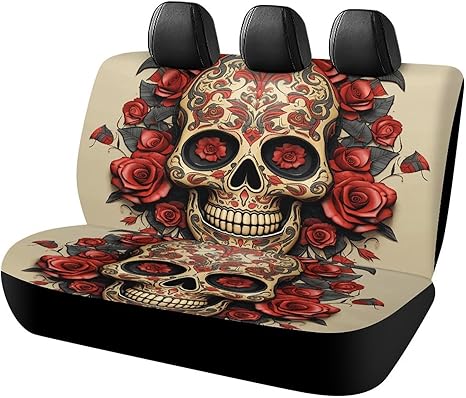 Red Rose Sugar Skull Car Seat Covers Protector Waterproof & Breathable Automotive Seat Covers Non-Slip Auto Backseat Cover Universal Accessories Rear Seats Cover for Cars SUV Truck - sugar skull car seat covers set