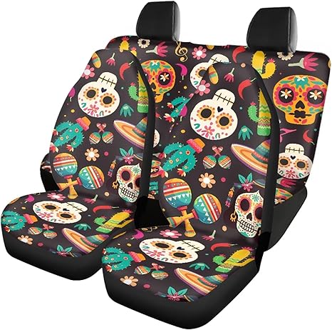 Mexico Sugar Skull Cactus Car Seat Covers Full Set, Retro Art Day of Dead Skeleton Front Seat Covers Back Seat Cover for Cars, Cactus Automotive Interior Covers - sugar skull car pet seat cover