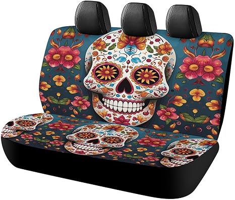 Colorful Sugar Skull Car Seat Cover Universal Rear Car Seat Protector Waterproof Automotive Seats Covers Non-slip Truck Carseat Cover Universal Cars Accessories Fit for Cars Suv Truck Interior Covers - sugar skull car seat covers set