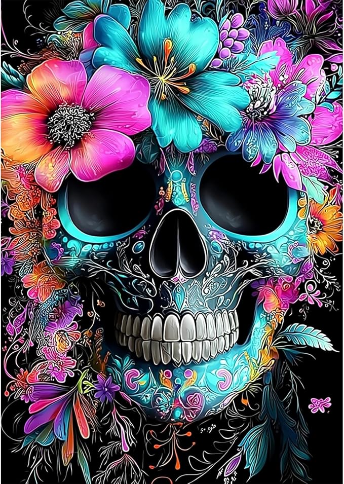 SENQAO Skull Flower Diamond Painting Kits for Adults, Sugar Skull Diamond Art Kit Beginners DIY 5D Full Drill Round Skeleton Diamond Painting Gem Art for Home Wall Decor Gift 12x16inch - sugar skull canvas wall art