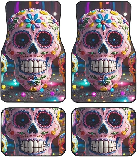 Car Floor Mats Set of 4 Universal All-Weather Car Floor Mats Sugar Skulls Car Mat Set Non-Slip Rubber Floor Mats Waterproof Auto Interior Protection Mats for Most Vehicles - sugar skull area rug
