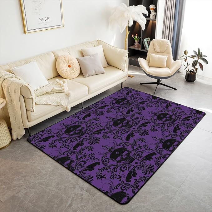 Jacquard Damask Indoor Floor Mat Area Rug 5x7 Vintage Damask Living Room Rugs for Kids Girls Decor Sugar Skull Accent Carpet Non-Slip Soft Microfiber Purple Damask Floral Decor - sugar skull area rug