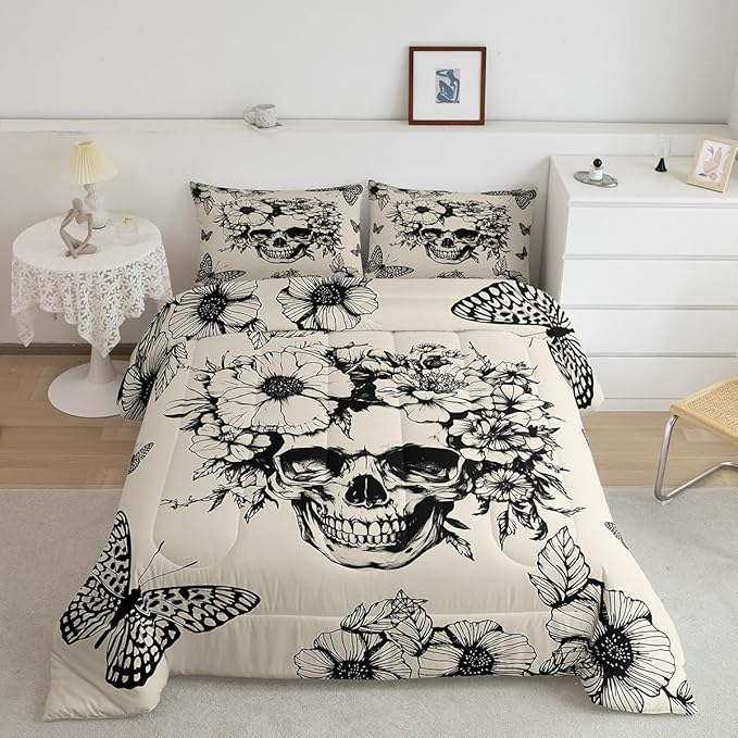 Feelyou Vintage Gothic Skull Bedding Set Twin Size Kids Rock Roll Bone Death Comforter Set for Boys Girls Flower Sugar Skull Duvet Quilt - sugar skull bedding set