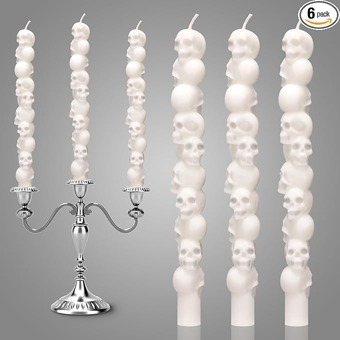 Nuanchu 6 Pcs Skull Shaped Taper Candles White Skulls Candle Halloween Table Centerpieces Goth Night Candlesticks Gifts Skeleton Decoration for Dinner Holiday Halloween Horror Gothic Party - sugar skull candle holder