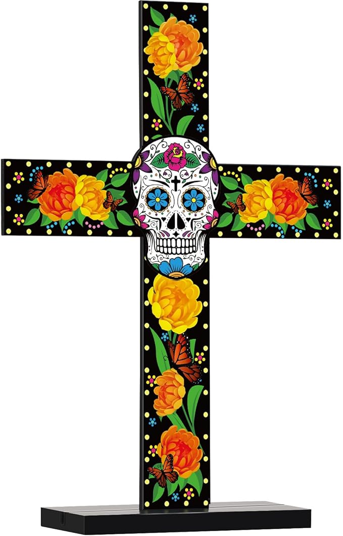Thyle Day of the Dead Cross Table Decor Dias De Los Muertos Ofrenda Decorations Wooden Mexican Sugar Skull Cross Day of the Dead Altar Statues Figurines Offering Decoration(Large) - sugar skull figurine collectible