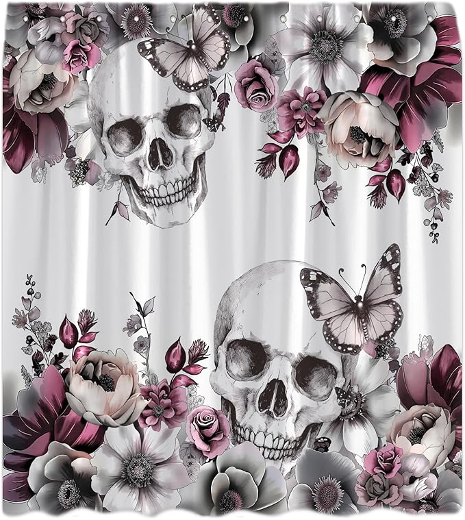 Halloween Skull Floral Shower Curtain Gothic Sugar Skeleton Butterfly Pink Grey Rose Flower Spooky Scary Horror Retro Fabric Curtain with Hook - sugar skull shower curtain set