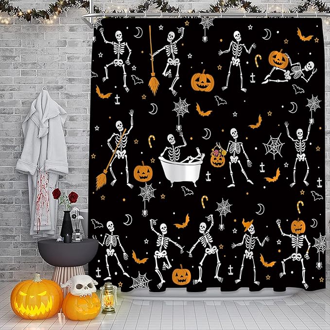 Halloween Skull Skeleton Shower Curtain Funny Pumpkins Dance Dancing Cartoon Party Bat Star Sugar Vintage,Black 70" Wx70 H Fabric Bathroom Decor Curtain with Hooks - sugar skull shower curtain set