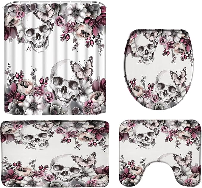 4PCS Skull Floral Shower Curtain Set Gothic Sugar Skeleton Butterfly Pink Grey Rose Flower Vintage Halloween Scary Spooky Horror Retro Bath Mats,Toilet Cover and U-Shaped Toilet Mat - sugar skull toilet mat set