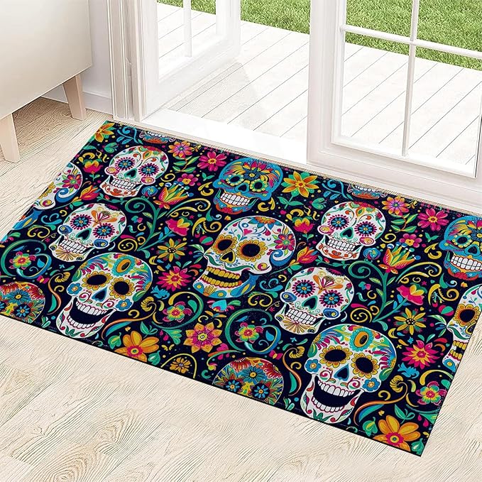 Sugar Skull Indoor Door Mat 29.5x17in,Non Slip Backing Colorful Day of The Dead Floor Mats,Non Woven Entryway Rug,Welcome Rugs Decor,for Entrance Inside Porch Kitchen,Practical Doormats Gifts - sugar skull floor mat