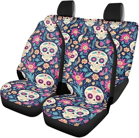 Sugar Skull Retro Car Seat Covers Full Set Universal Fit, Mexico Day of Dead Split Bench Rear Seat, Floral Skull Washable Car Seat Cover for SUV, Sedan, Van - sugar skull car pet seat cover