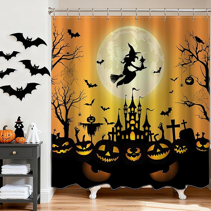 Mocsicka Halloween Shower Curtain for Bathroom Evil Pumpkin Supermoon Witch Shower Curtain for Halloween Bathroom Decor Waterproof Fabric with 12 Hooks, 72 X 72 Inch - sugar skull shower curtain set