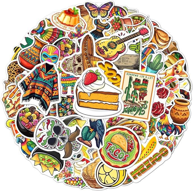108 Pcs Mexican Vinyl Stickers, Waterproof Decorative Mexico Decals for Laptop, Water Bottle, Car, Guitar, Skateboard, Phone, Refrigerator, Fiesta Party Supplies, Vibrant Mexican - sugar skull vinyl sticker