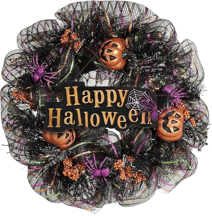 24 inch Wreath, Halloween Wreath for Front Door, Halloween Spider Decor Pumpkin Skull Wreaths, Wall, Window, Garden and Offices Decor. (Black) - sugar skull wreath for front door
