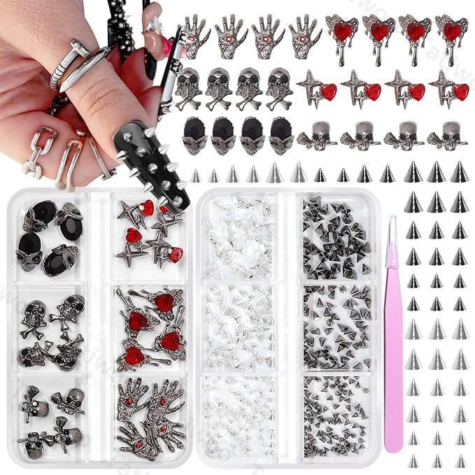 2 Boxes Halloween Skull Spike Nail Gems Charms, 3D Punk Cone Black Silver Goth Spike Nail Art Studs, Mixed Halloween Gothic Star Ghost Skull Hand Nail Art Charms for Nails Art Women DIY Accessories - sugar skull nail art