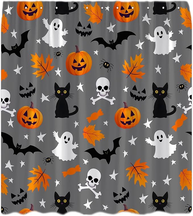 Spooky Halloween Shower Curtain Gray Cute Ghost Horror Pumpkin Skull Cat Bat Spider Scary Cartoon Happy Holiday Decor Bathroom Curtain Set with Hook - sugar skull shower curtain set