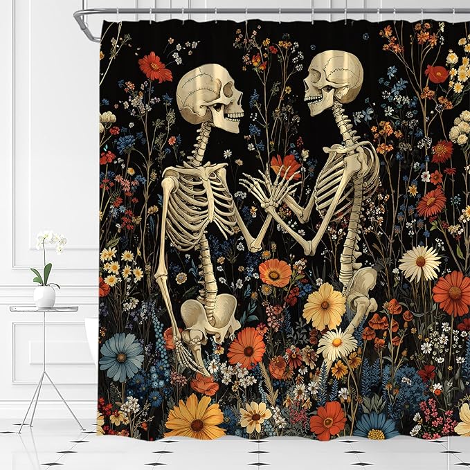 Sugar Skull Floral Shower Curtain Spooky Halloween Gothic Boho Flower Skeleton Couple Plant Vintage Mystical Polyester Fabric Bathroom Decor Set with Hooks(70" WX70 H) - sugar skull shower curtain set
