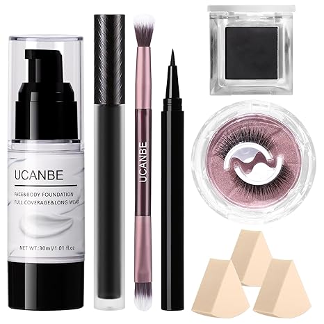 UCANBE Black Halloween Makeup Kit – Skeleton Skull Vampire Gothic Makeup Set for SFX Cosplay Costume -Eyeshadow, White Foundation, Black Lipstick & Eyeliner, Self Adhensive Eyelashes, Brush & Sponges - sugar skull makeup kit