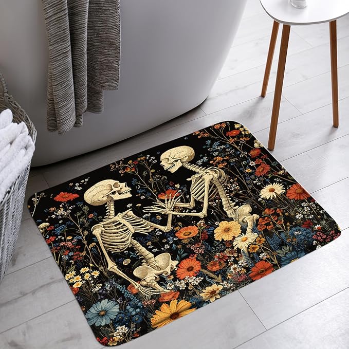 Sugar Skull Floral Bath Mat Spooky Halloween Gothic Boho Flower Skeleton Couple Plant Vintage Mystical Bathroom Bathtub Floor Rugs Doormat Toilet Decor,18 x 30 in - sugar skull floor mat
