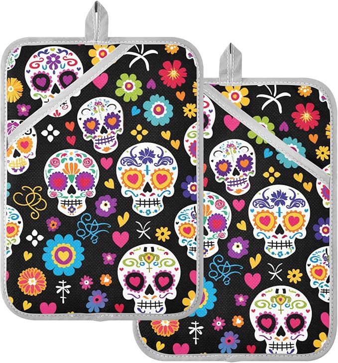 Sugar Skull Flower Pot Holder Set of 2, Kitchen Heat Resistant Potholders, Oven Hot Pads, Oven Mitts for Cooking, Baking and Barbecue 7”x9.8” - sugar skull oven mitts