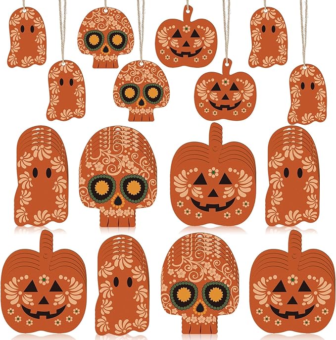 Geelin 24 Pcs Day of The Dead Ornaments for Tree Wood Mexican Sugar Skulls Decorations Retro Halloween Ghost Pumpkin Clay Color Wooden Hanging Craft for Tree Dia De Los Muertos Party Favor Supply - sugar skull christmas ornament