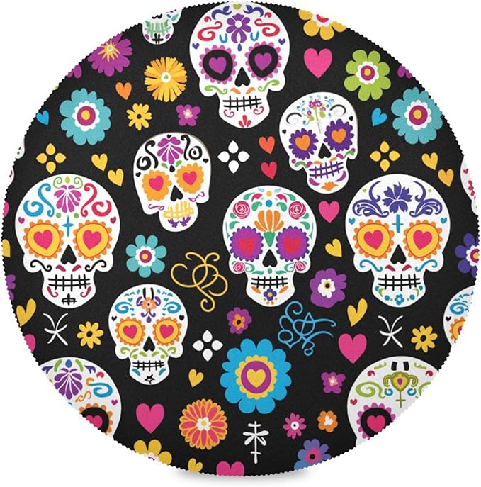 Sugar Skull Flower Round Placemats Set of 4, Non-Slip Heat-Resistant Plate Mats, Washable Polyester Table Mats for Dining Room, Table Decoration, 15.4” - sugar skull plates set