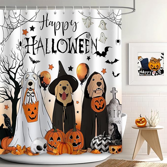 Halloween Shower Curtain for Bathroom, Happy Halloween Funny Dog Ghost Dress Up Horror Pumpkin Spider Bat Theme Shower Curtain, Bathroom Decorations Waterproof Fabric with Hooks 72x72 in - sugar skull shower curtain set