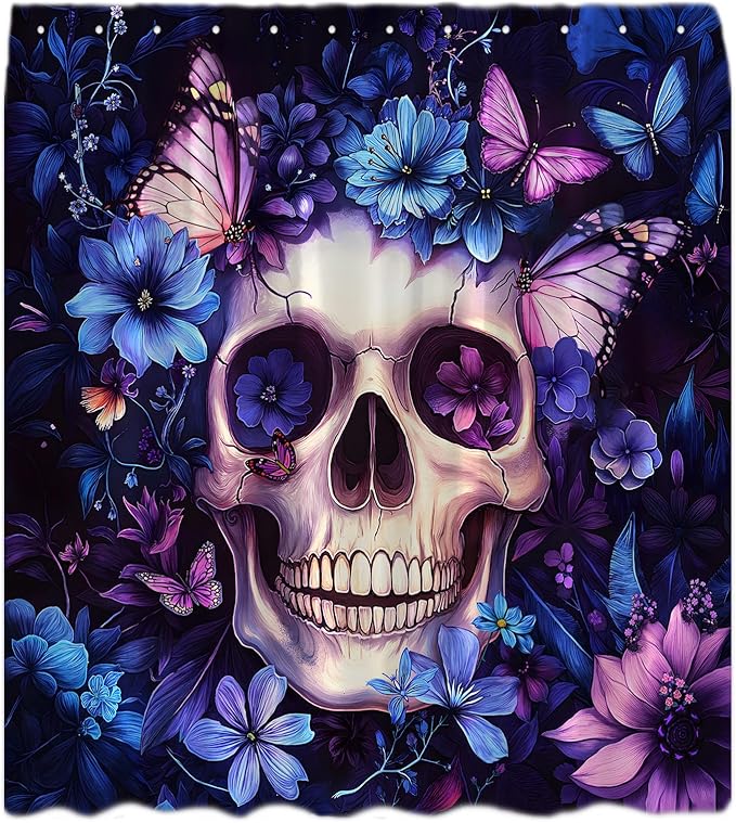 Sugar Skull Shower Curtain Gothic Halloween Blue Purple Floral Butterfly Spooky Skeleton Horror Hippie Holiday Bathroom Curtains Decor with Hooks - sugar skull shower curtain set