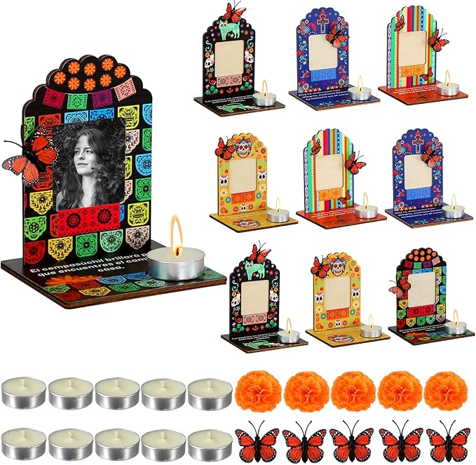 Dia De Los Muertos Decorations Picture Frames, Day of The Dead Altar with Candle, Marigold, Artificial Monarch Butterfly, Dia De Los Muertos Altar Kit Mini Sugar Skull Style Ofrenda Decorations - sugar skull candle holder