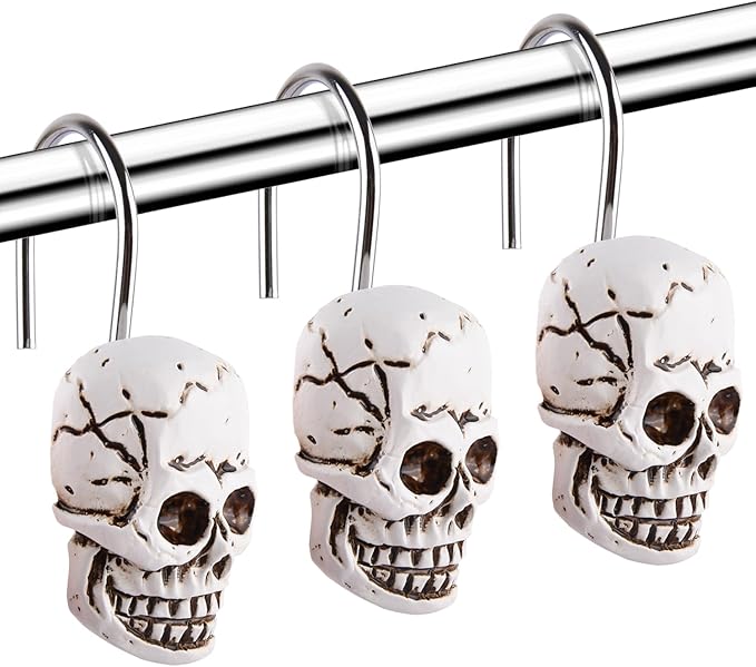 12 Pcs Skull Shower Curtain Hooks Halloween Shower Rings Decorative Skeleton Curtain Hook Rings Stainless Steel Bathroom Hooks with Skull Decor for Home Halloween - sugar skull shower curtain set
