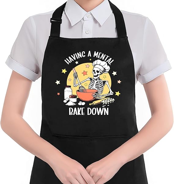 Funny Gothic Skeleton Baking Apron with Pockets, Funny Baking Gifts, Having a Mental Bake Down Waterproof Adjustable Cooking Apron for Kitchen Dishwashing Grilling - sugar skull apron for women