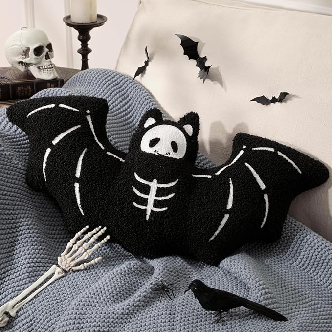 Phantoscope Happy Halloween Bat Shaped Throw Pillow, Teddy Fleece Skeleton Embroidery Decorative Halloween Throw Pillow for Sofa, Bed, Black, 23.5 x 10.5 inche - sugar skull throw pillow