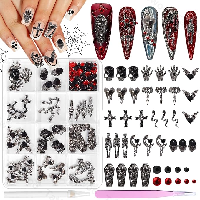 Halloween Nail Charms, 3D Halloween Gothic Ghost Hands Cross Alloy Nail Art Charms, Mixed Red Black Flatback Charms and Rhinestones Design for Acrylic Nails DIY Art Accessories - sugar skull nail art