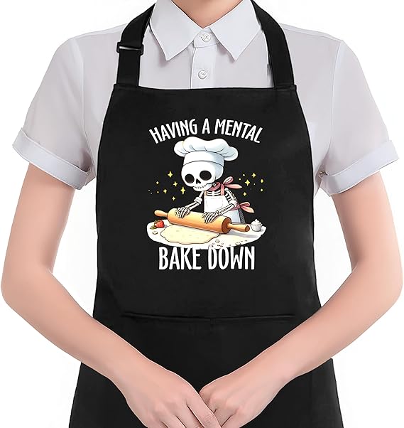 Funny Skeleton Baker Baking Apron with Pockets, Baking Lovers Bread Baker Gifts, Having a Mental Bake Down Waterproof Adjustable Cooking Apron for Kitchen Dishwashing Grilling - sugar skull apron for women