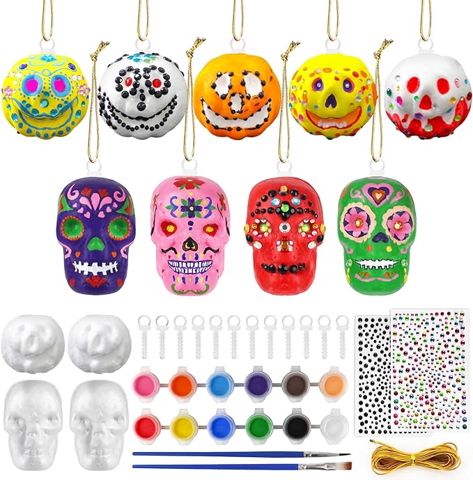 12 Set Halloween Crafts Kits, Foam Halloween Tree Ornaments, Dia De Los Muertos Arts and Crafts Decorations Supplies with Pumpkin Sugar Skull Stickers Paint for Classroom Party Favors - sugar skull vinyl sticker