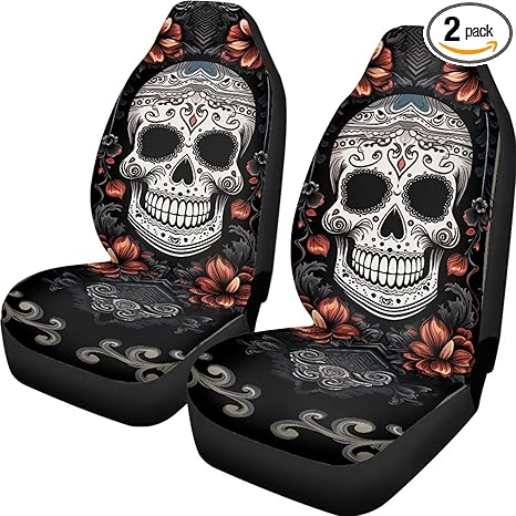 Gothic Sugar Skull Flower 2pcs Car Seat Covers Set Vehicle Front Seat Protector Auto Interior Accessories Protetors Car Mat Covers Universal Fit Most Car SUV Van Truck - sugar skull car floor mats