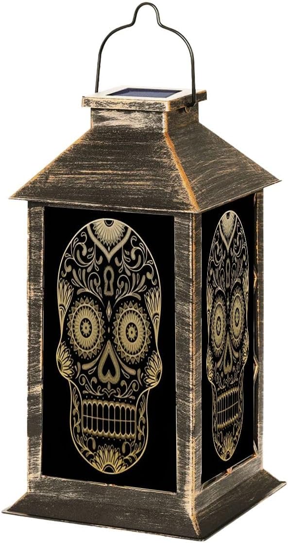 Solar Lantern Ornate Color Day Dead Sugar Skull Outdoor Garden Hanging Lantern Waterproof Solar Powered Lighting Outside Table Lamp for Deck Yard Camping Patio Decor - sugar skull table lamp