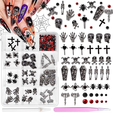Halloween Nail Charms, 3D Dark Alloy Gothic Cross Bat Nail Charms, Skull Skeleton Spider Tombstone Palm Metal Punk Halloween Nail Accessories Black Red Rhinestones for Nail Art Supplies Crafts - sugar skull nail art