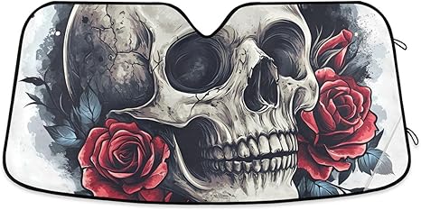 Skull Rose Windshield Sunshade Car Sun Shade Front Window Shade for Truck SUV Blocks UV Rays Sun Reflector Visor Protector Accordion Folding - sugar skull car sunshade for windshield