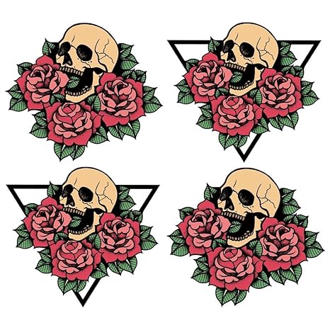 Skull Temporary Tattoo Sticker Waterproof Halloween Rose Flowers Party Favor Adult Men Women Shoulder Back Arm Body Art 15X11cm Set of 4 - sugar skull temporary tattoo