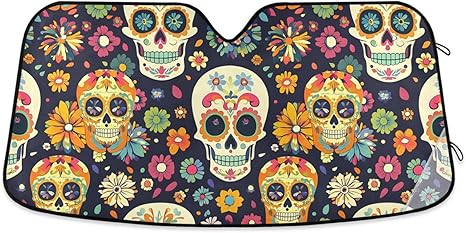 Flowers Skeleton Skull Sugar Windshield Sunshade Car Sun Shade Front Window Shade for Truck SUV Blocks UV Rays Sun Reflector Visor Protector Accordion Folding - sugar skull car sunshade for windshield