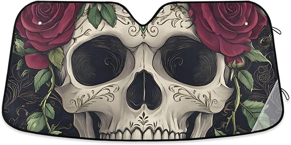 Rose Flower Skull Skeleton Skull Sugar Windshield Sunshade Car Sun Shade Front Window Shade for Truck SUV Blocks UV Rays Sun Reflector Visor Protector Accordion Folding - sugar skull car sunshade for windshield