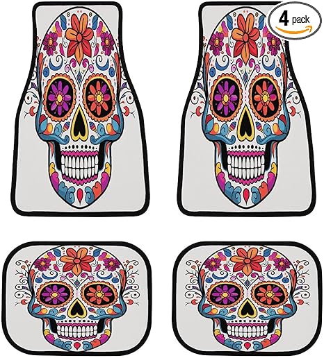 Sugar Skull Car Floor Mats Personalized Anti-Slip Vehicle Front Rear Rugs Classic All-Weather Universal Driver Heel Pad Fit for SUV Vans Sedans Trucks Set of 4pcs - sugar skull car floor mats